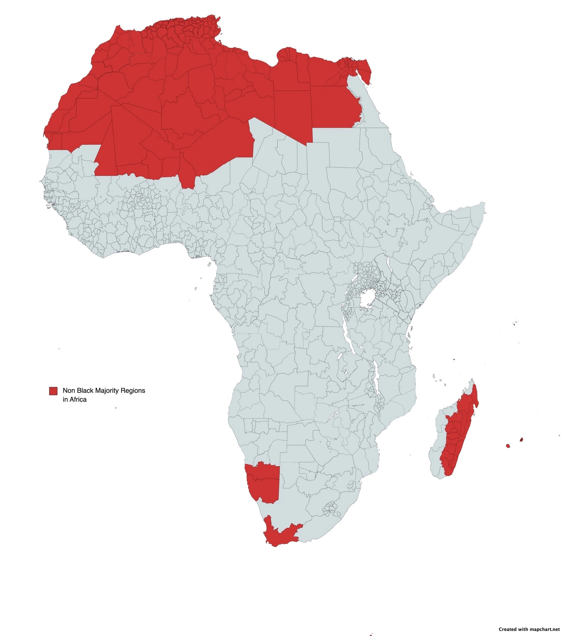Где чернокожее население не составляют большинство в структуре населения административных регионов Африки