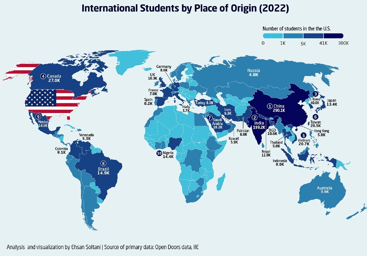 Из каких стран в США приезжает больше всего иностранных студентов