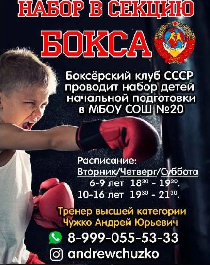 Боксёрский клуб СССР проводит набор детей начальной подготовки в мбоу сош №20