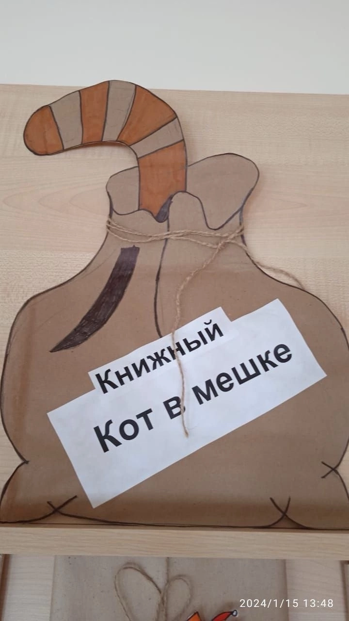 МБОУ СОШ № 23 Михайловск школьная библиотека предложила своим читателям такую необычную выставку-сюрприз под название «Кот в мешке»