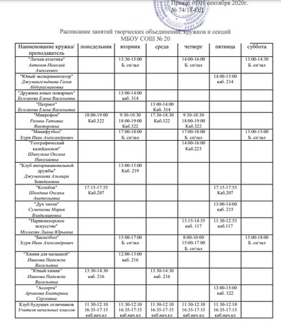 Расписание работы кружков, секций и детских объединений МБОУ СОШ №20 на 2020-2021 учебный год
