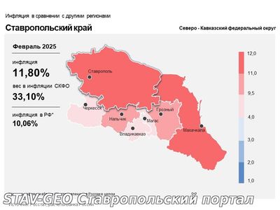 В феврале инфляция в Ставропольском крае ускорилась до 11,8%