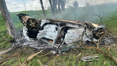 Иномарка врезалась в дерево и загорелась в Будённовском округе