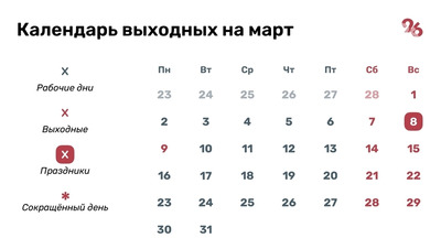 Трёхдневный отдых и короткая рабочая неделя ждут ставропольцев в марте