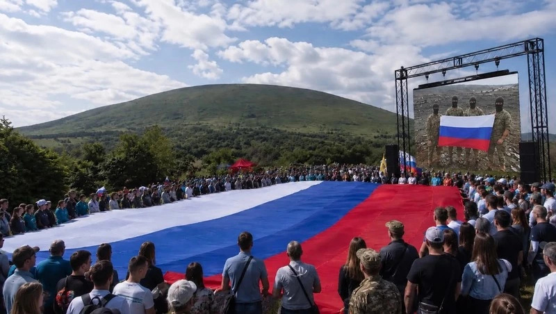 В Предгорье на горе Юца в честь Дня России развернули 60-метровый триколор