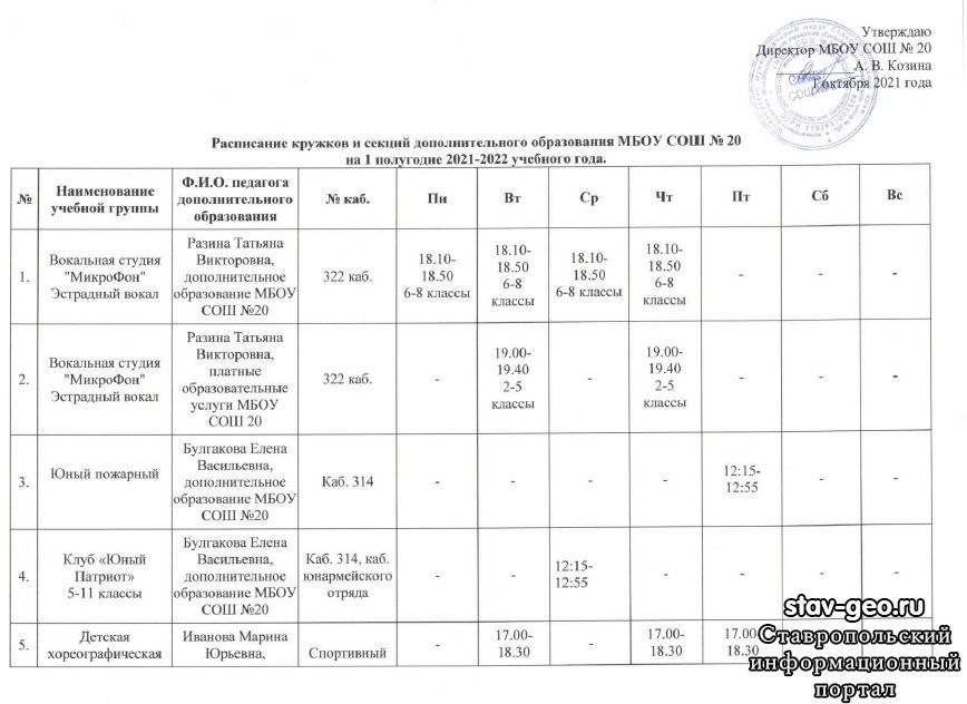 Расписание работы кружков, секций  МБОУ СОШ №20 на 1 полугодие 2021-2022 учебный год